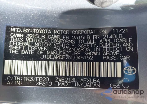2022 Toyota Corolla Hybrid Le from USA, damaged, VIN JTDEAMDE7NJ046152